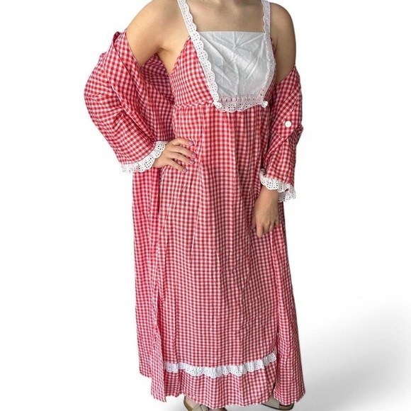 Vintage 70s Red Gingham Maxi Dress & Matching Robe Set Cottagecore Prairie Chic - Picture 1 of 10